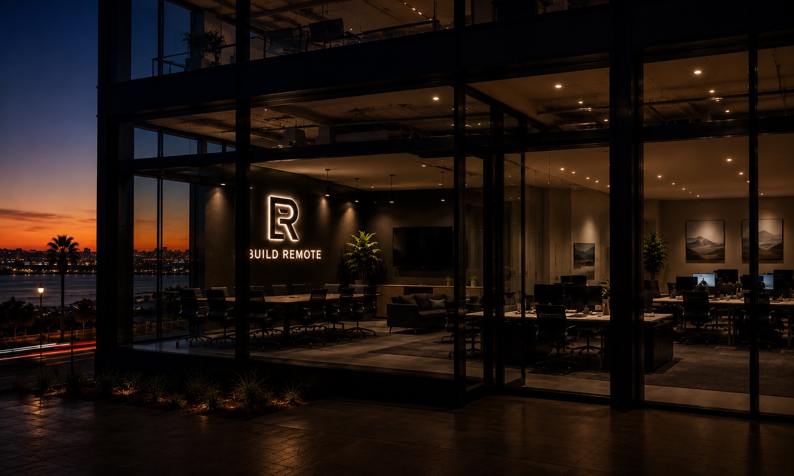 The Build Remote office in San Diego at dusk, signage lit