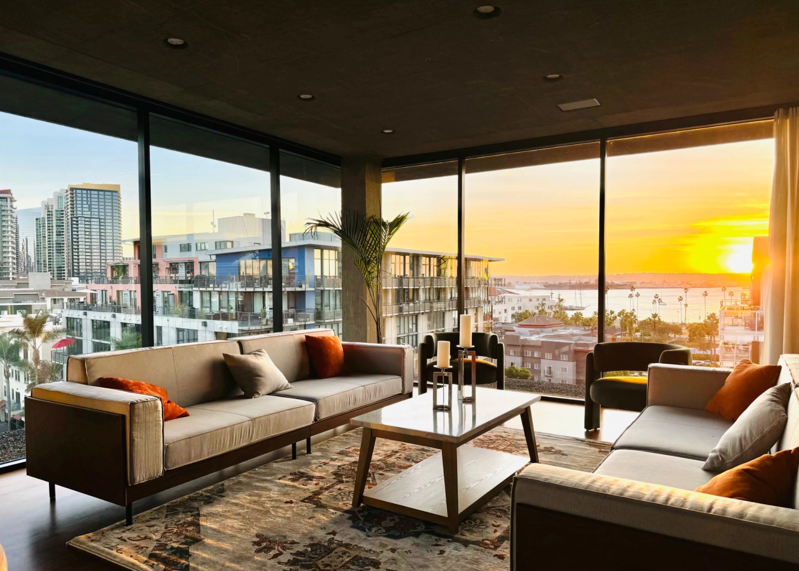The client lounge looking over San Diego bay at sunset