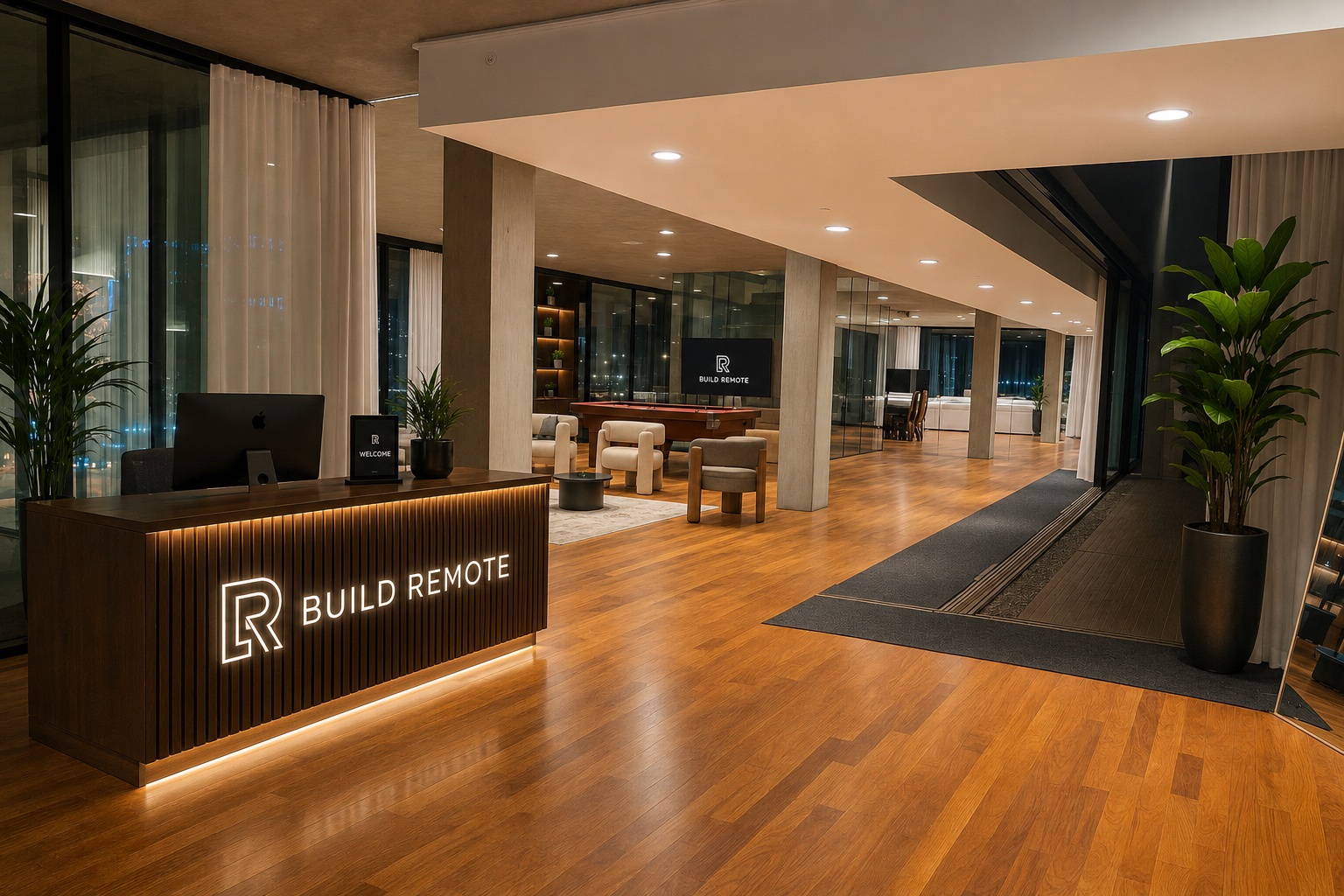 The Build Remote reception desk, lit, with the welcome screen behind it